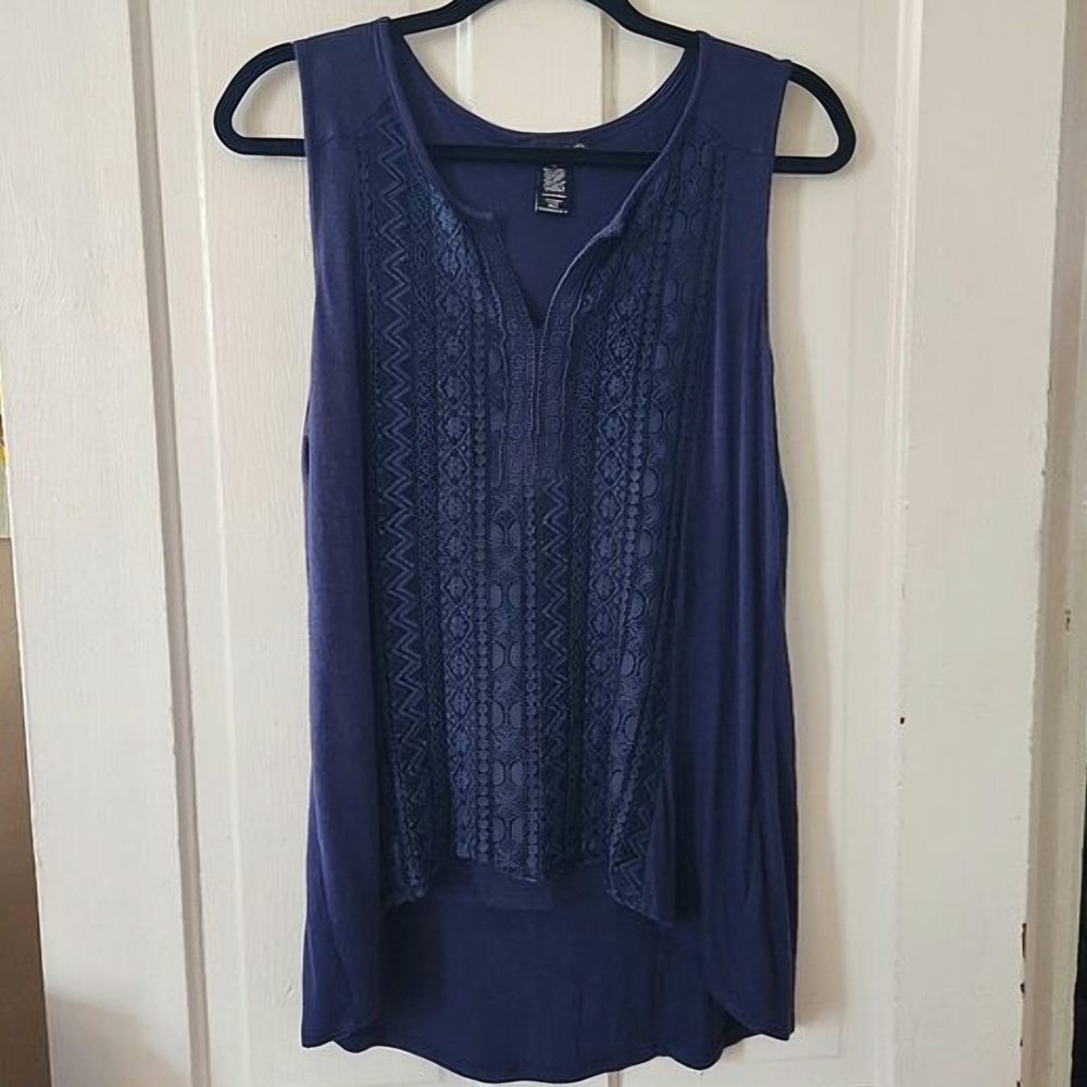 Rxb Navy Blue Sleeveless Blouse Lace Front Boho Size Medium